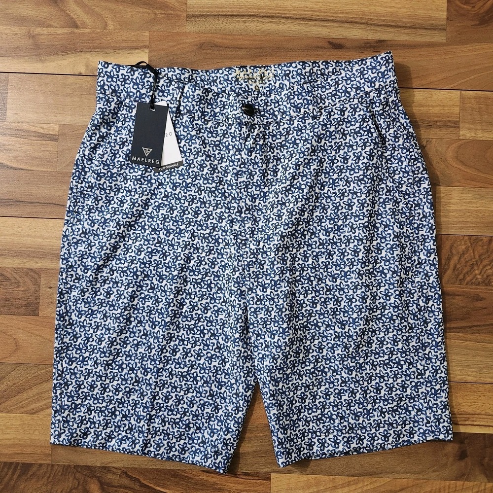NWT Maelreg Proflex Performance Golf Shorts Ink Flower Blue Sz 34 Wicking UPF30